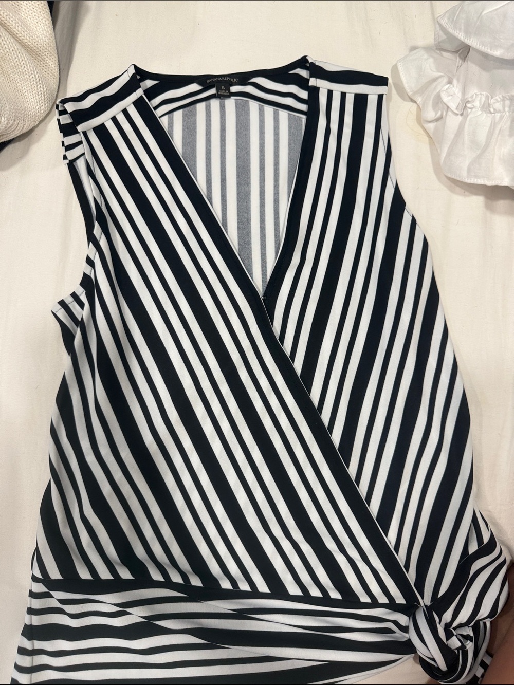 Banana Republic Black and White Striped Wrap-Style Sleeveless Top